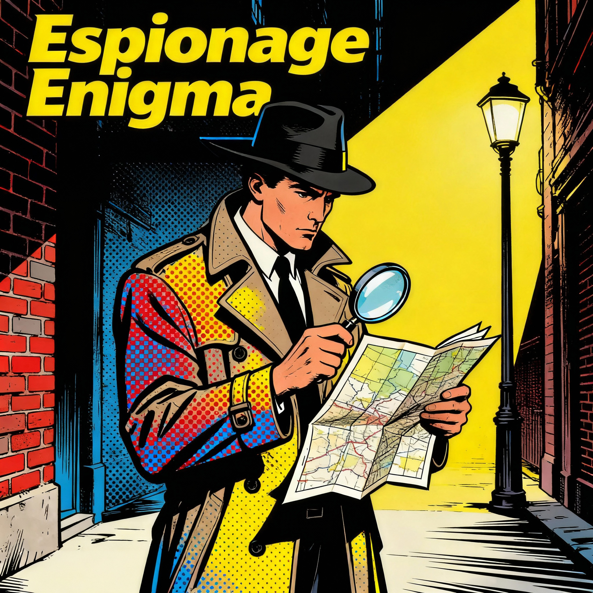 Cover Art Espionage Enigma game cover art with a detective holding a magnifier glass reading a document in a dark alley