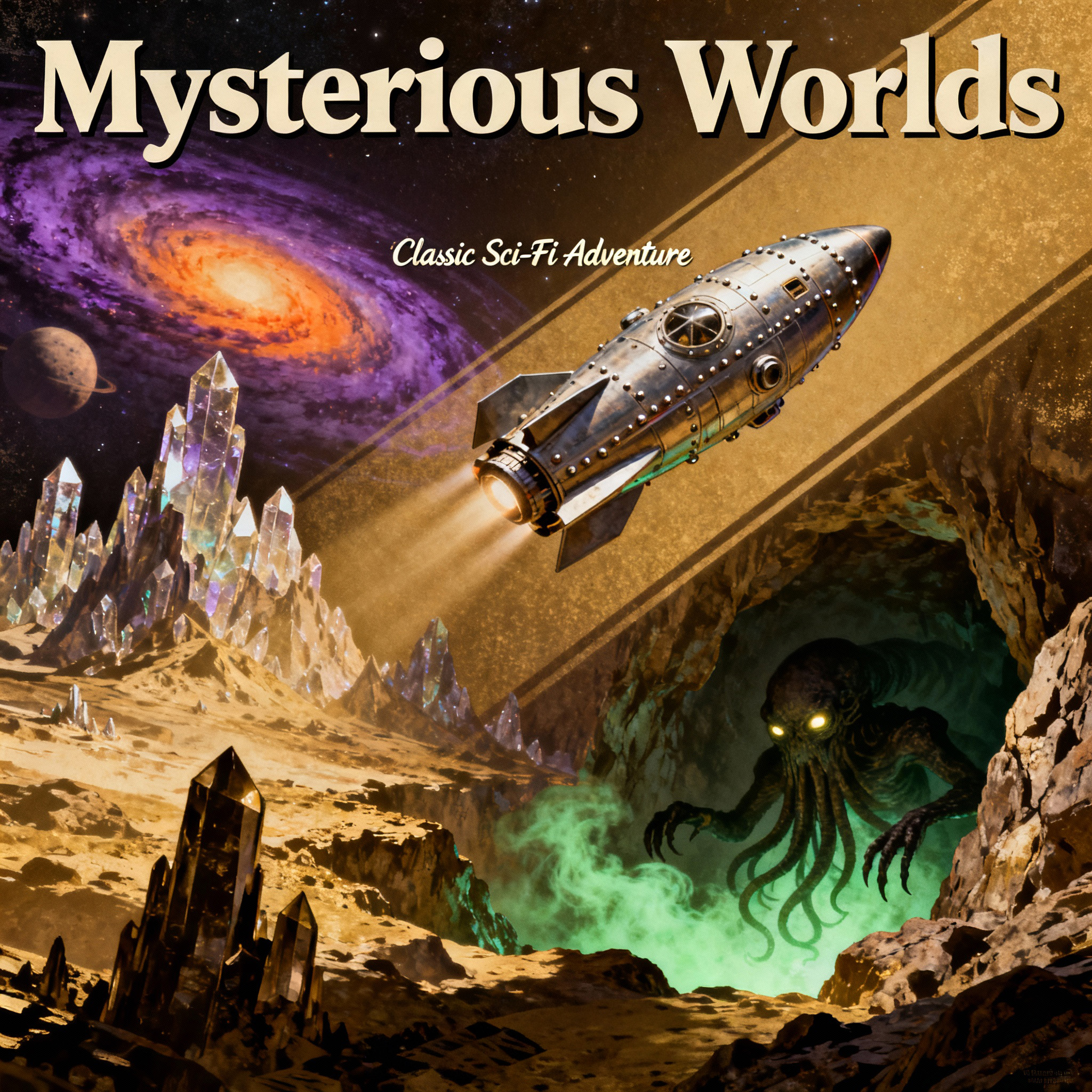 Cover Art Mysterious Worlds cover art with an early sci-fi influenced rocket ship taking off from a rocky forbidden planet escaping from an octupus creature.