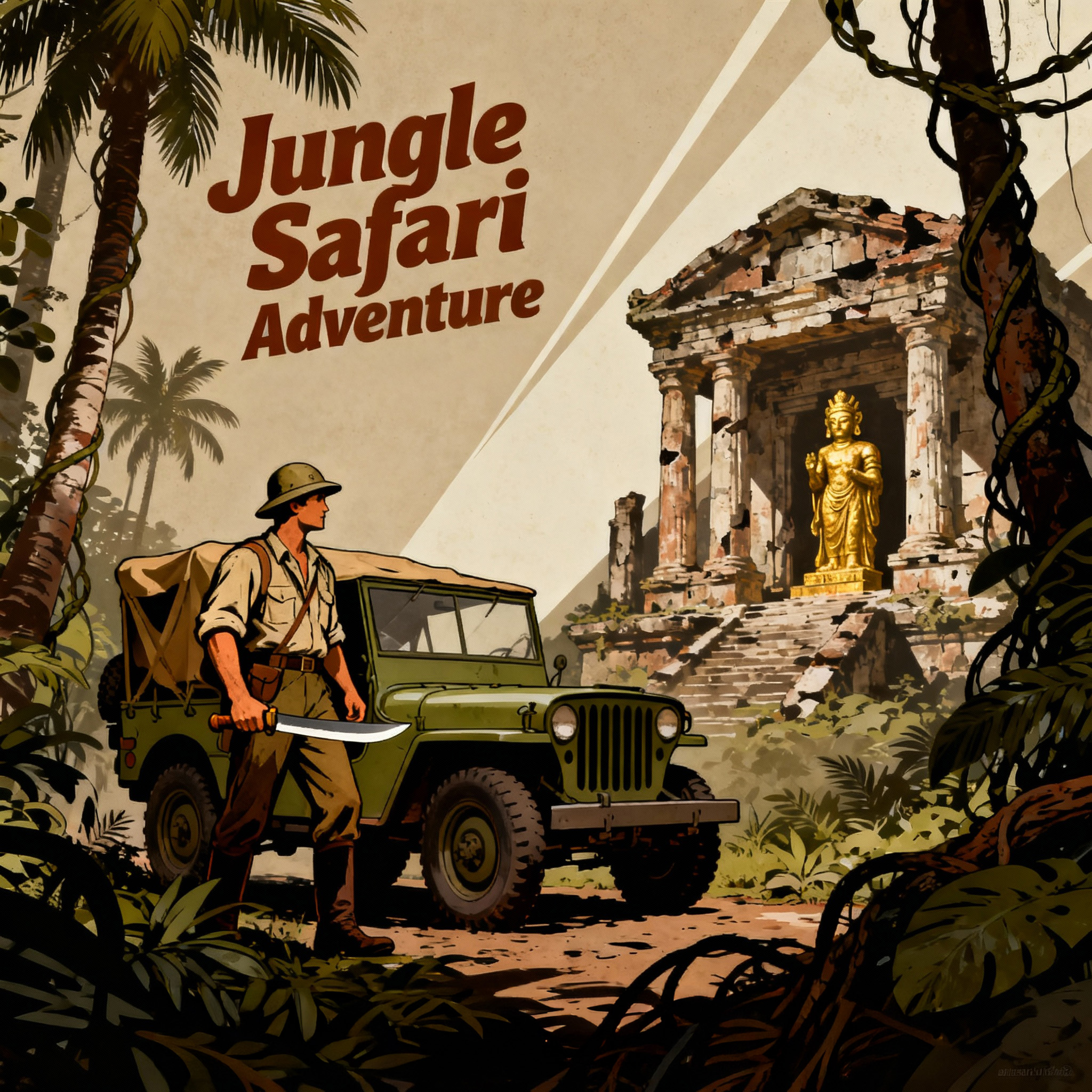 Cover Art Game cover art, a Jungle Safari with an adventurer leaning on a jeep in front of ancient ruins.