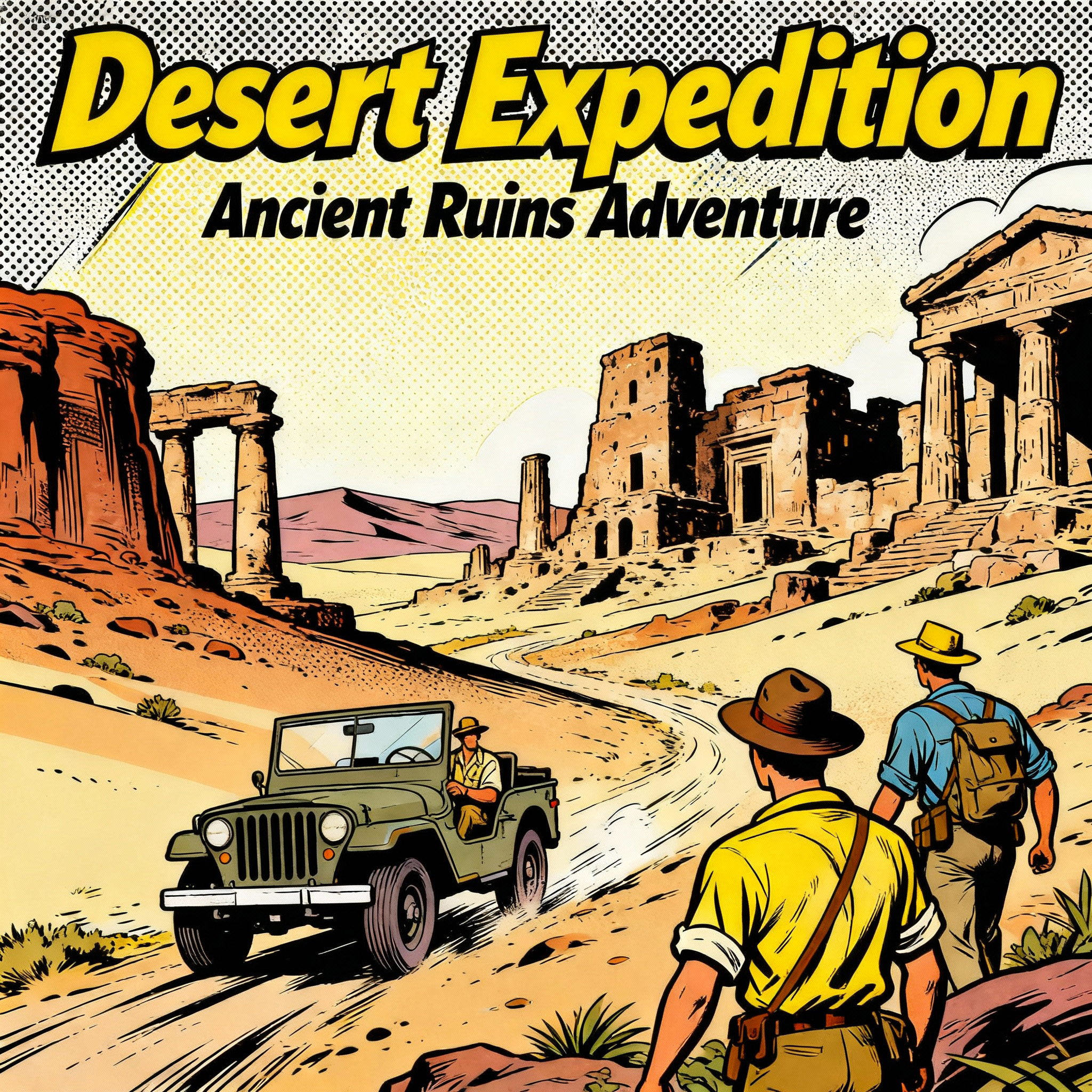Desert Expedition an Ancient Ruins Adventure game cover art with 2 adventurers with ruins made of sandstone in the background.