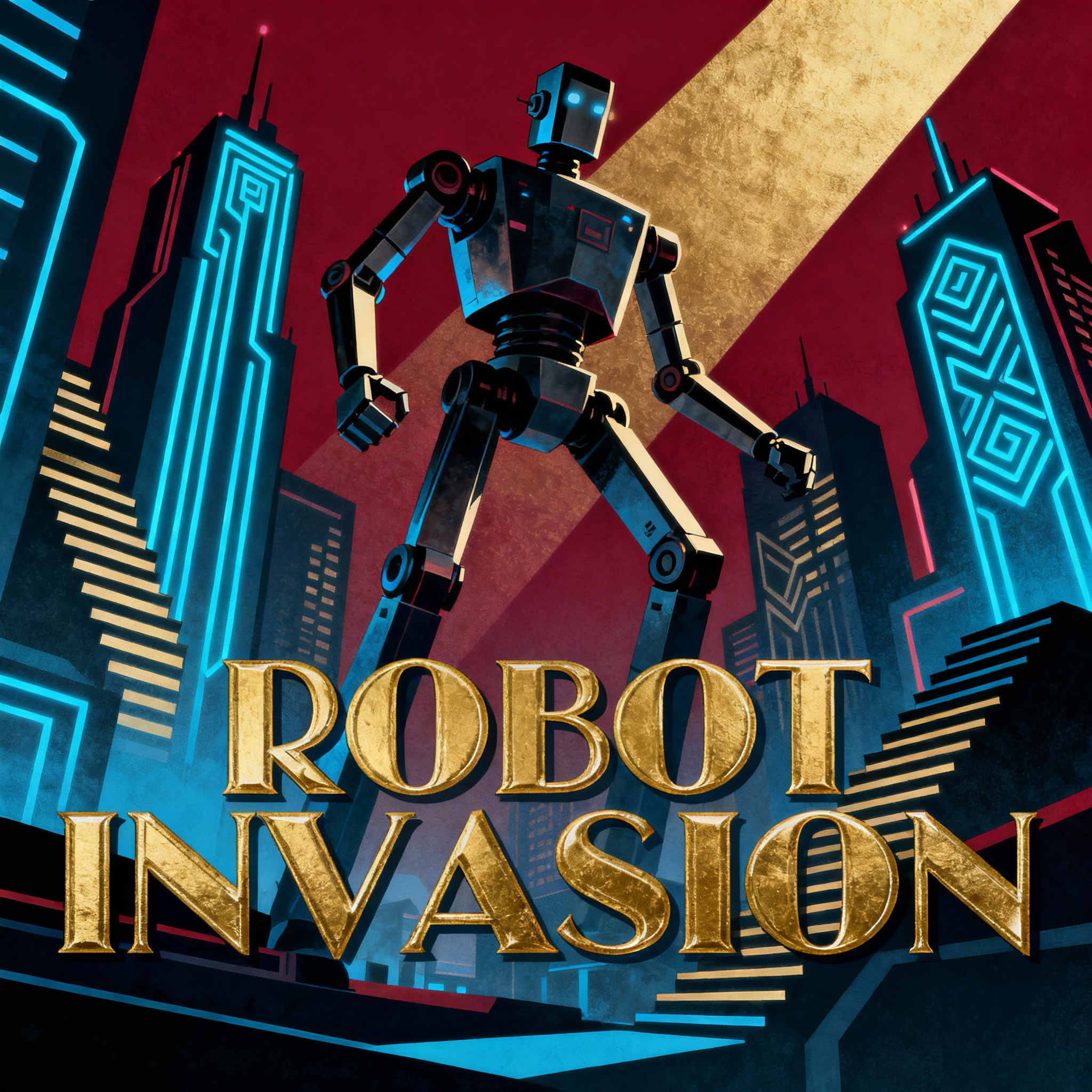 Robot Invasion game cover art with a robot in the style of a 1920s serial short fim