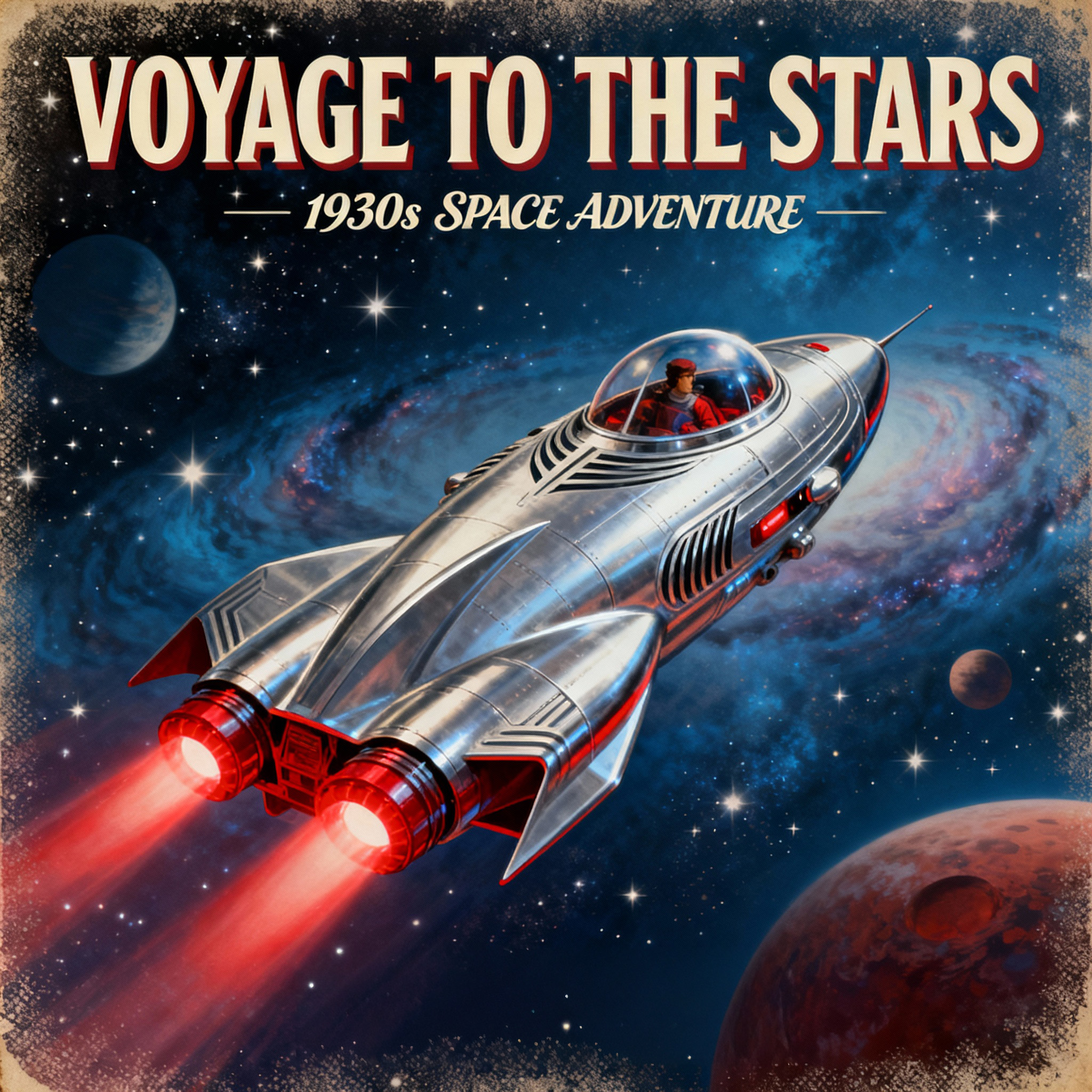 Voyage to the Stars cover art with a retro Flash Gordan style rocket ship against a galactic scene