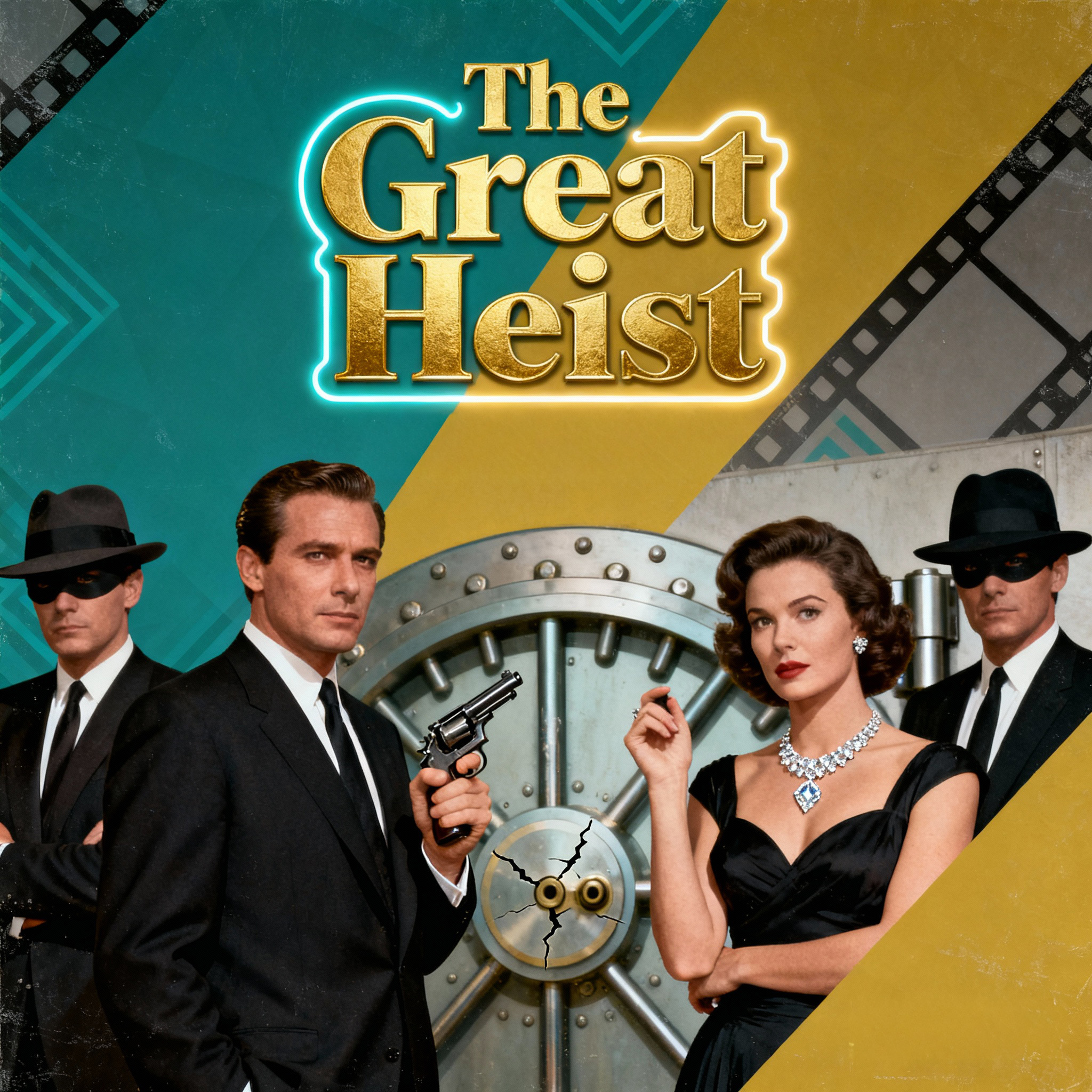 The Great Heist game cover art that takes place in the 1960s with 4 people standing in front of a massive safe.