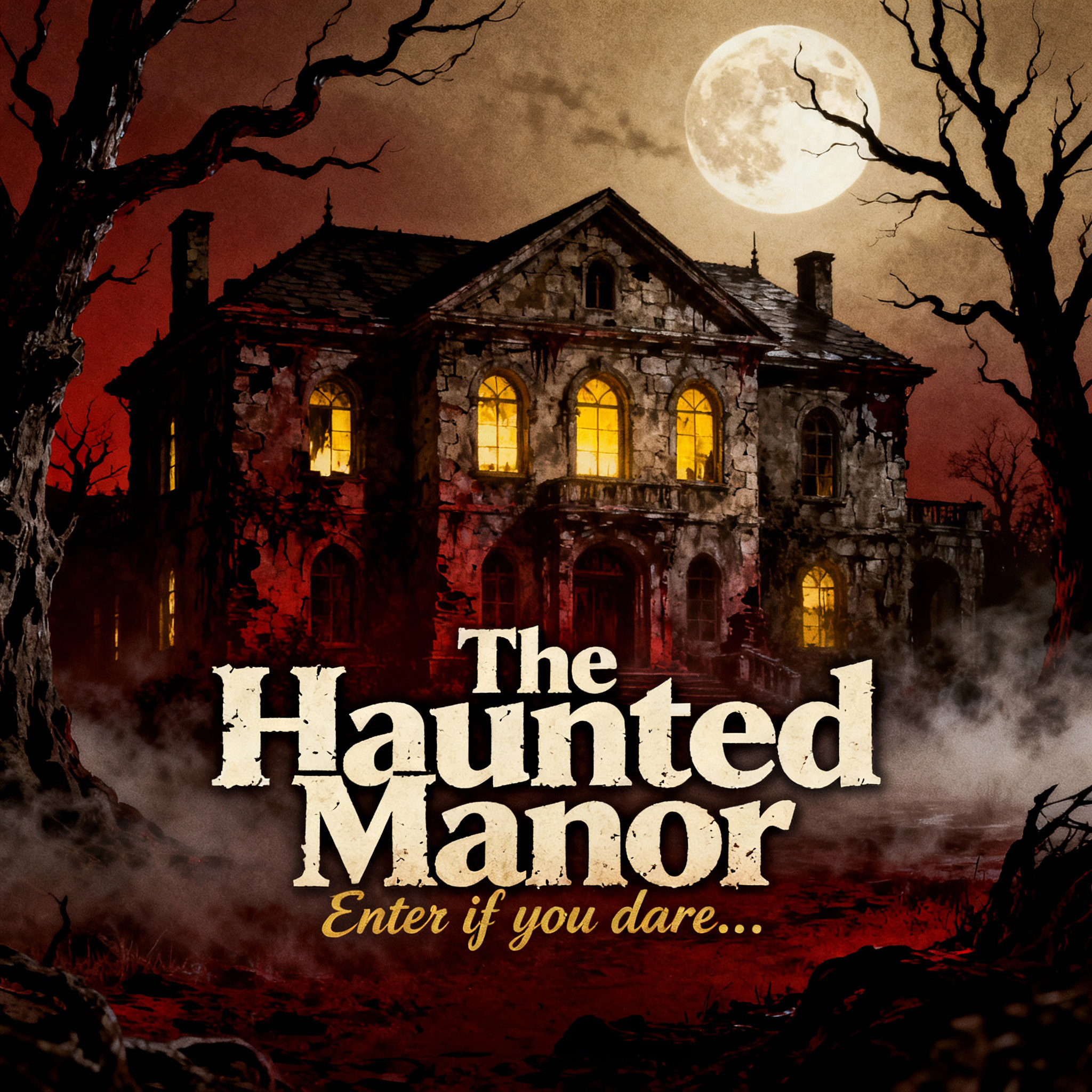 The Haunted Mansion, Enter if you Dare game cover art showing night scene with an abandoned mansion and a full moon behind it.
