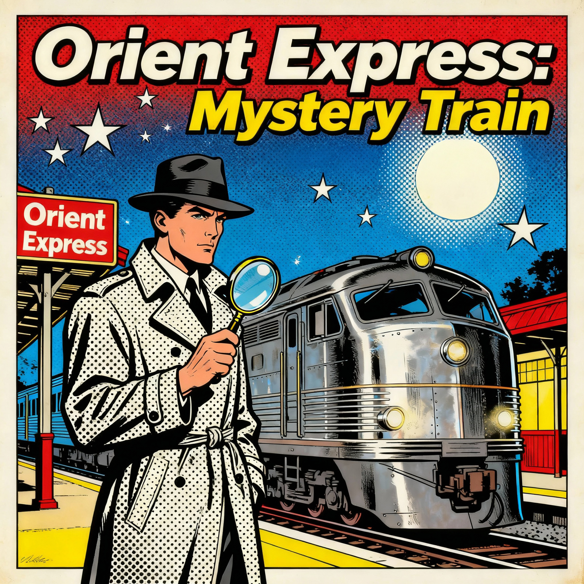 Orient Express: Mystery train cover art showing a train with a detective out front in a train in pop art style