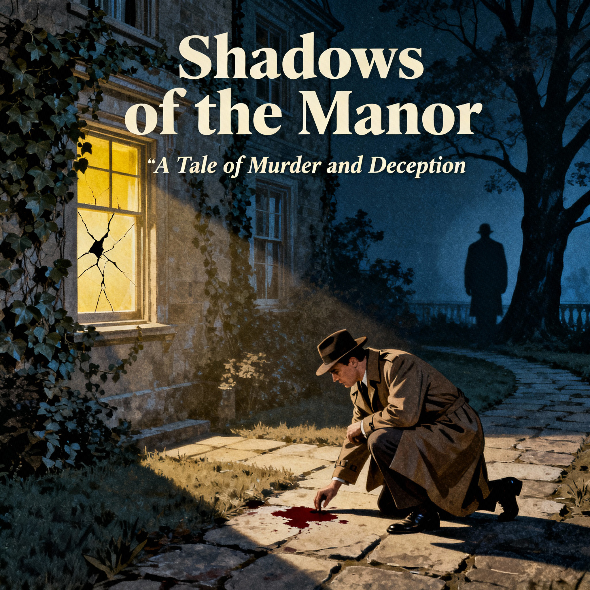 Shadows of the Manor cover art showing a detective in front of a manor