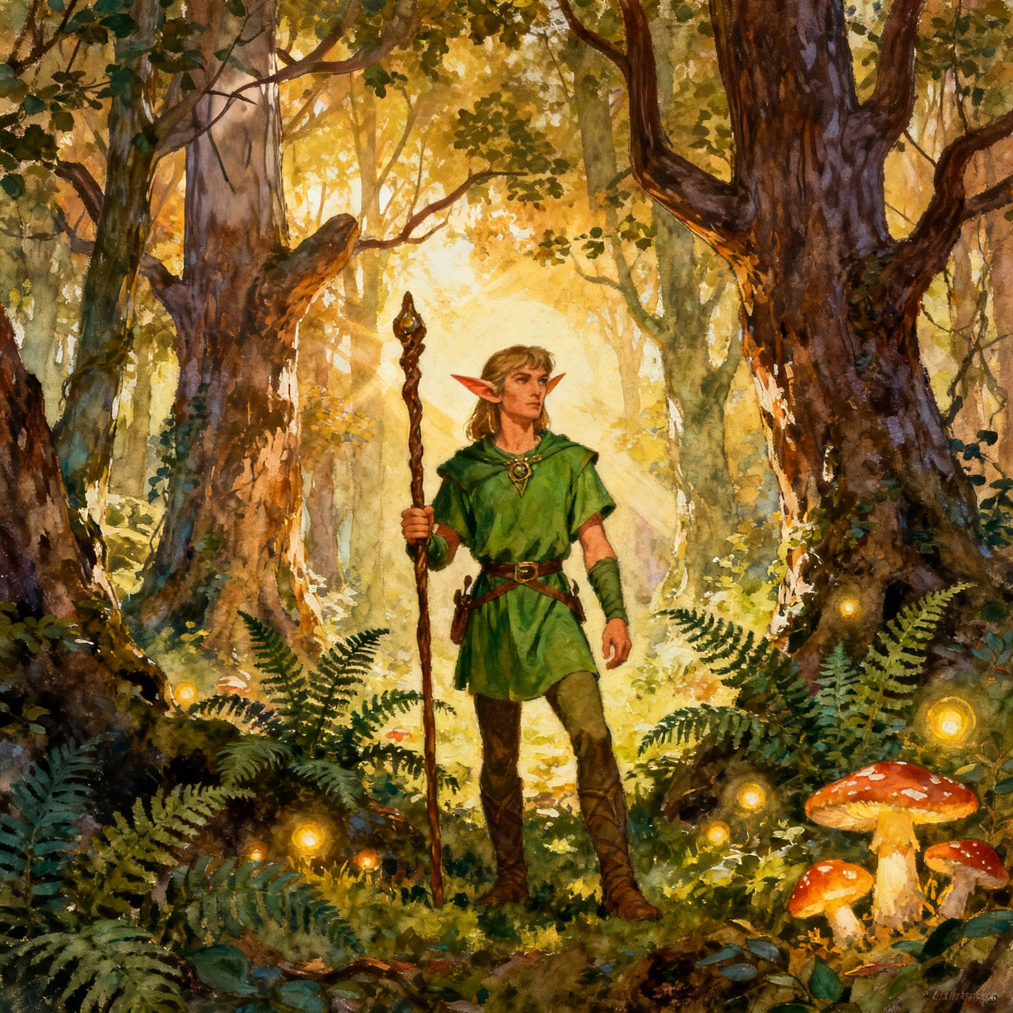 Game cover art featuring an elf inside a backlit forest