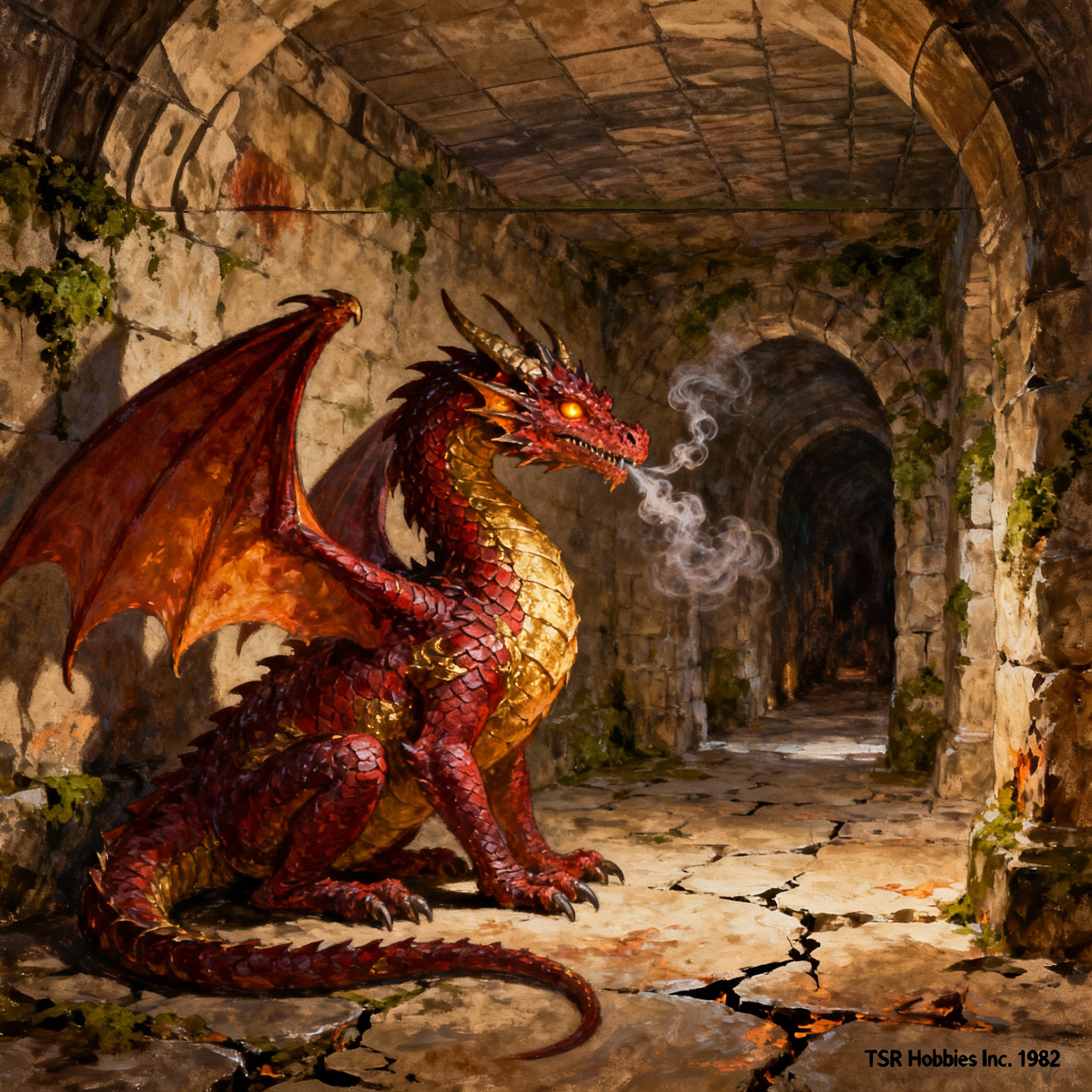 Cover Art Game cover art with a dragon breathing smoke in a dungeon hallway.