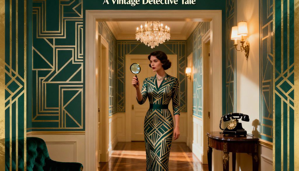 The Mansion Mystery cover art featuring a women detective standing in an opulent hallway.