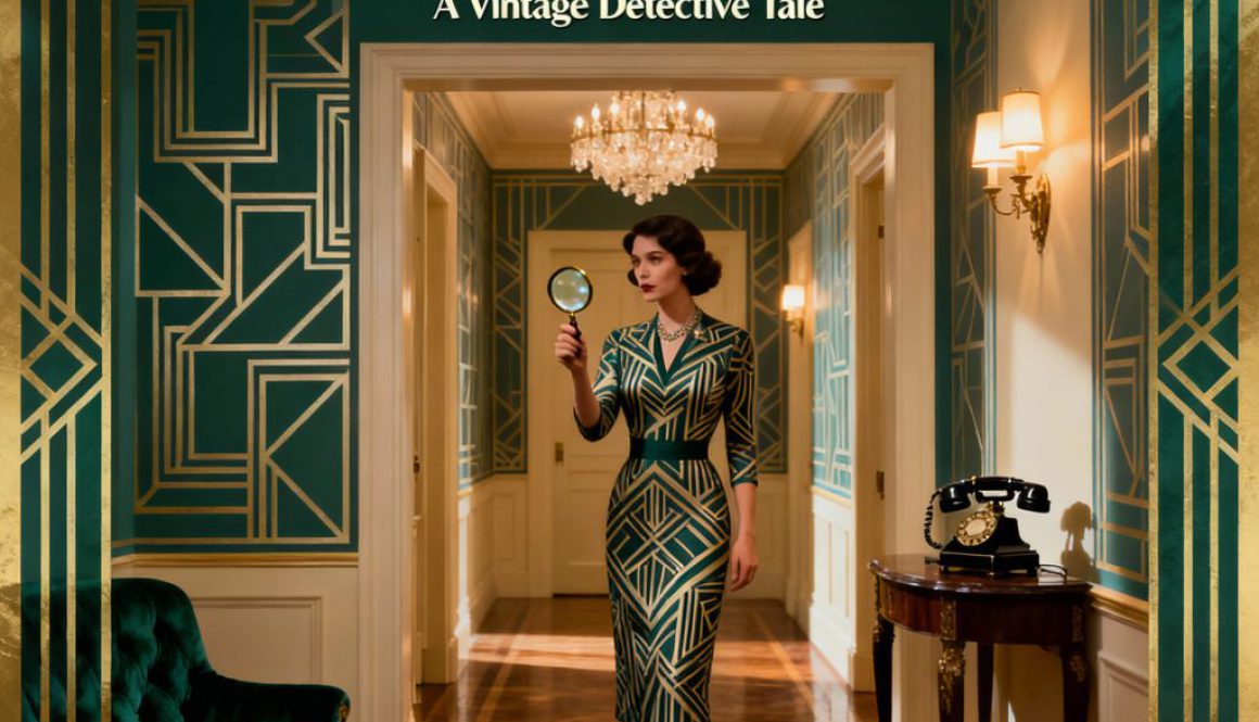 The Mansion Mystery cover art featuring a women detective standing in an opulent hallway.