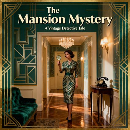The Mansion Mystery cover art featuring a women detective standing in an opulent hallway.