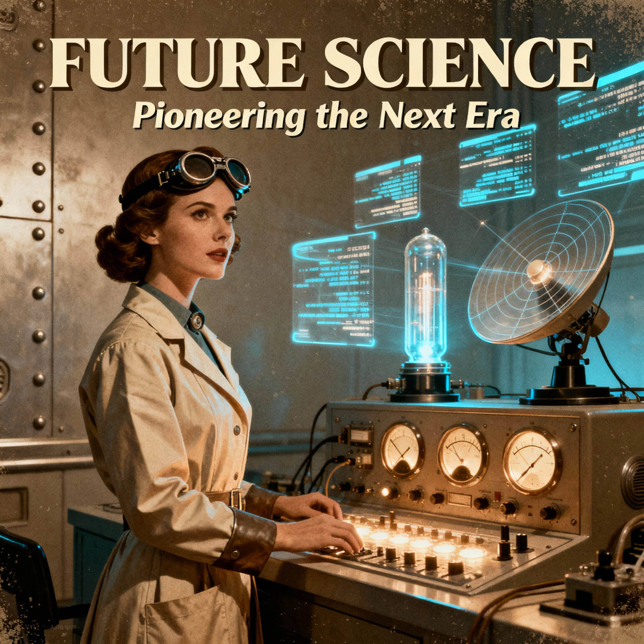 Future Science cover art showing a female scientist standing in a Flash Gordon inspired retro lab equipment.