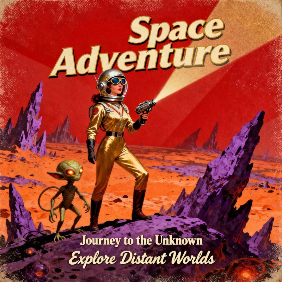 Space Adventure cover art featuring an astronaut holding a phaser while standing on an alien planet.