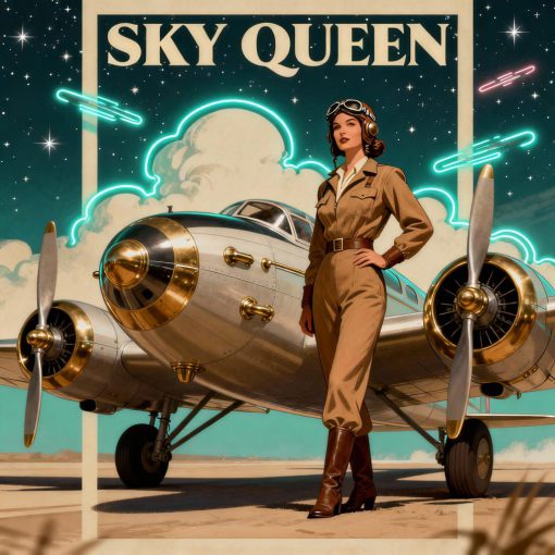 Sky Queen cover art featuring an aviatrix standing in front of a shiny aluminum airplane from the 1930s.