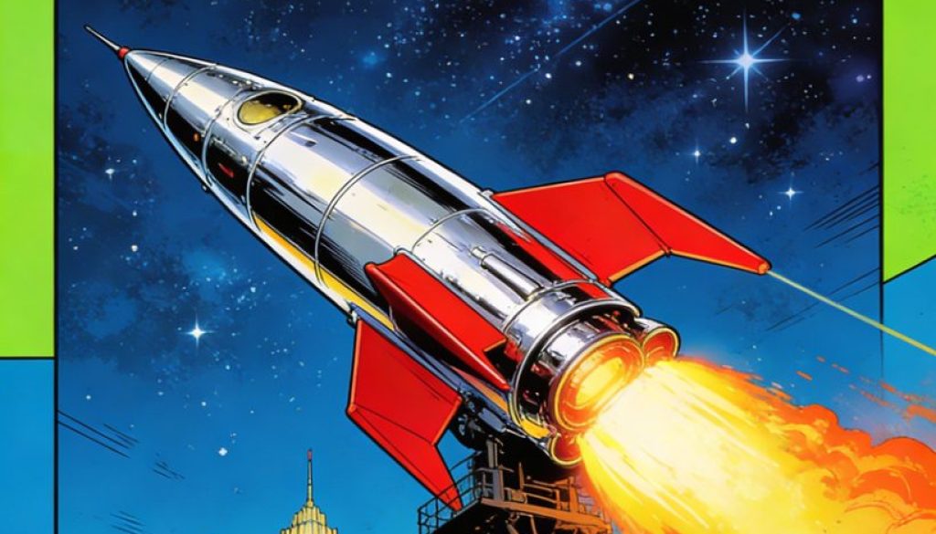 An illustration showing a retro rocket ship launching into orbit about a planet in a pop art style