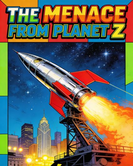 An illustration showing a retro rocket ship launching into orbit about a planet in a pop art style
