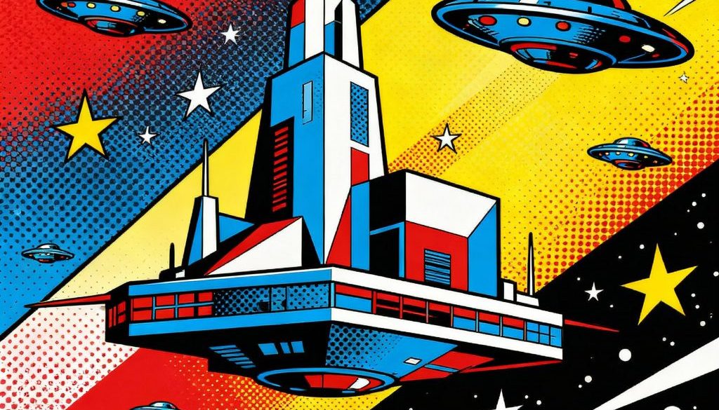 A futurist illustration showing 1960s vision of space stations and spaceships.