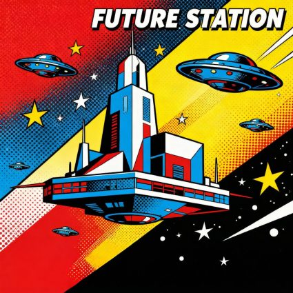 A futurist illustration showing 1960s vision of space stations and spaceships.