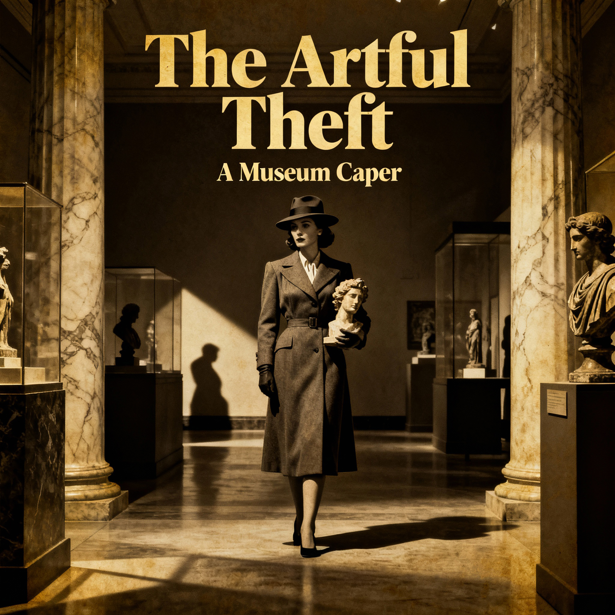 A film noir style illustration showing a woman wearing an overcoat walking down a fancy hallway with the text The Artful Theft.